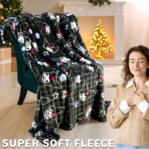 Get Trend Hello Kitty Sanrio Waffle Blanket for Girls, Teens, Women, 51 x 59 in, Kuromi Throw Blanket, Throw for Bed, Room Decor, Kawaii Gifts for Her (Grey Kuromi)
