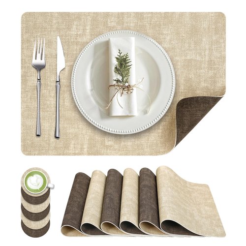 Fyvva Placemats Set of 6, Faux Leather Heat Resistant Wipeable Placemats, Dual Sided Waterproof Washable Table Mats with Coaster, Suitable for Kitchen, Dining, Table Decor (6, Beige Dark Coffee)