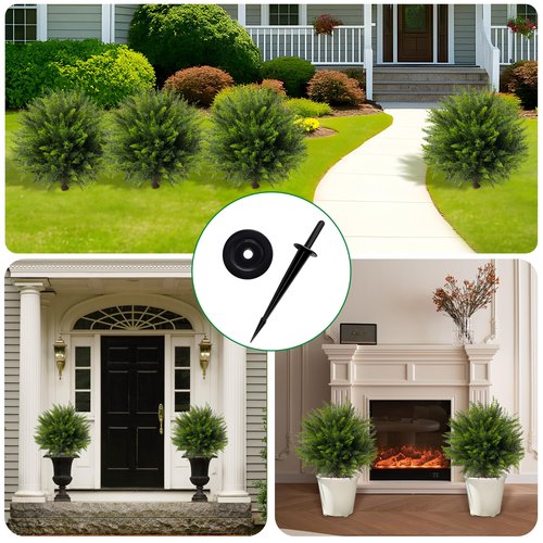 NSOPB 24.5 Inch (H) Artificial Cedar Topiary Ball Trees, Set of 4 Fake Shrub Bushes with Ground Spike, UV Resistant Faux Cypress Greenery Decor for Outdoor Garden, Patio, Front Porch, and Indoor Use