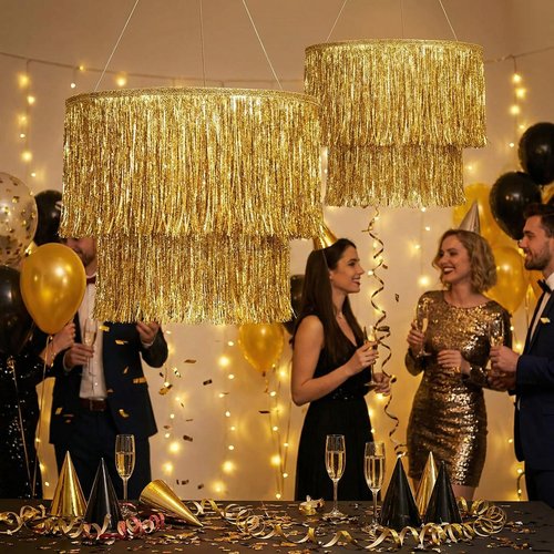 Rossesay 2 Pcs 2 Tier Fringe Tinsel Chandelier Iridescent Foil Party Disco Ball Decor Chandelier Decoration Metallic Foil Shimmering Bachelorette Party Decor Photo Booth Supplies(Gold)
