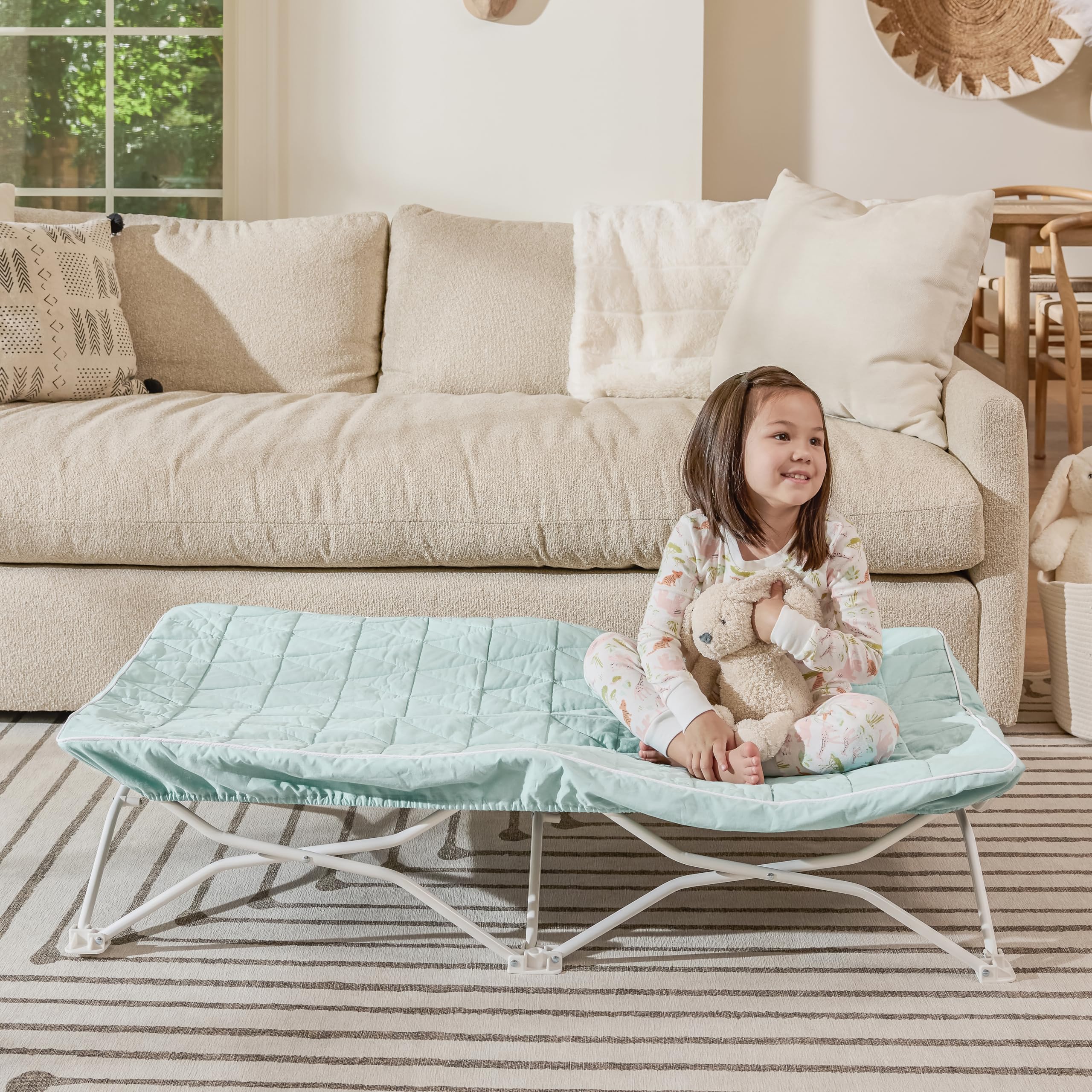 Regalo My Cot® Portable Toddler Bed with Fitted Sheet, Foldable Kids Travel Bed & Camping Cot, Includes Washable Quilted Sheet, 48” x 24.5” x 9”, Seafoam