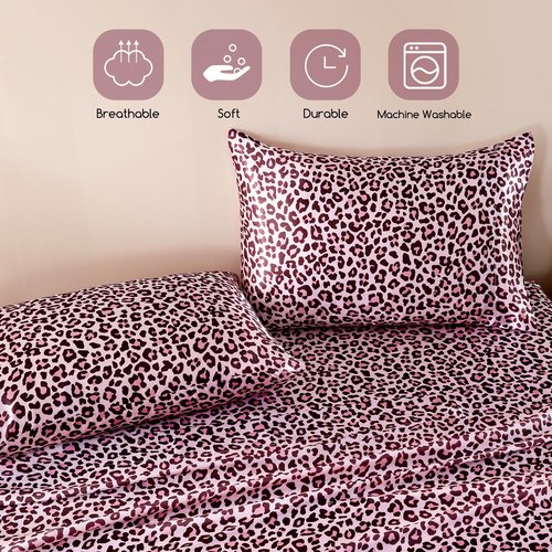 MR&HM Satin Bed Sheets with Elastic Corner Straps, Queen Size Sheets Set, 4 Pcs Silky Bedding Set with 15 Inches Deep Pocket for Mattress (Queen, Pink Leopard)