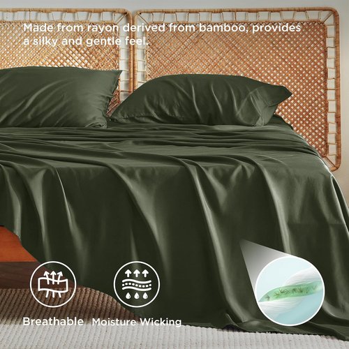 Bedsure King Size Cooling Sheets Set - Breathable Rayon from Bamboo, Soft & Silky, Deep Pocket Olive Green