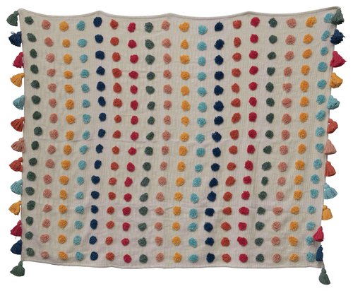 Creative Co-Op Soft Woven Cotton Throw with Tufted Dots and Tassels, Multicolor