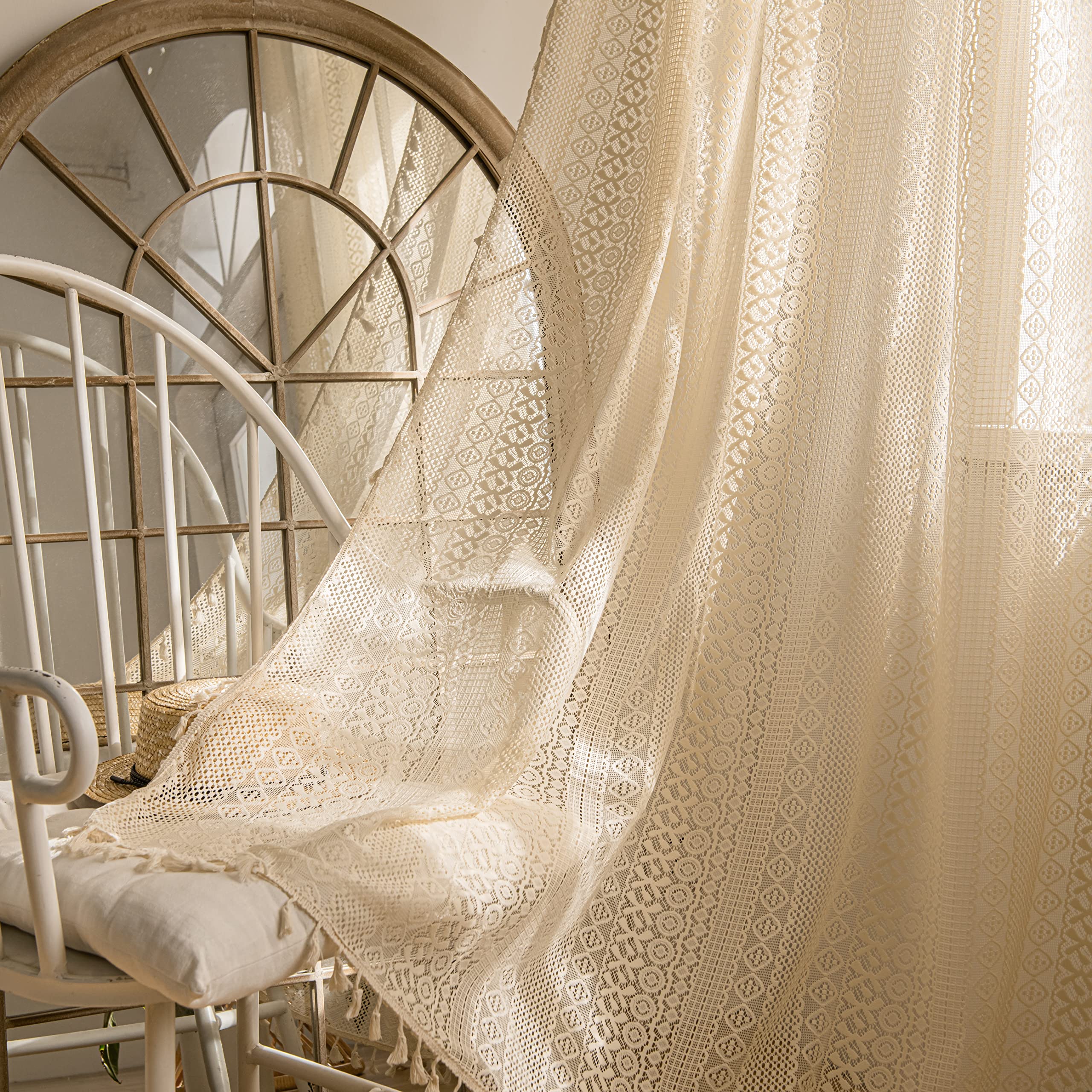 Sutuo Home Boho Curtains 84 Inches Length for Bedroom, Window Treatments Bohemian Sheer Crochet Lace Vintage Drapes Pair, Beige Geometry Knitted with Handmade Tassels Rod Pocket, 52" x 84"，2 Panels