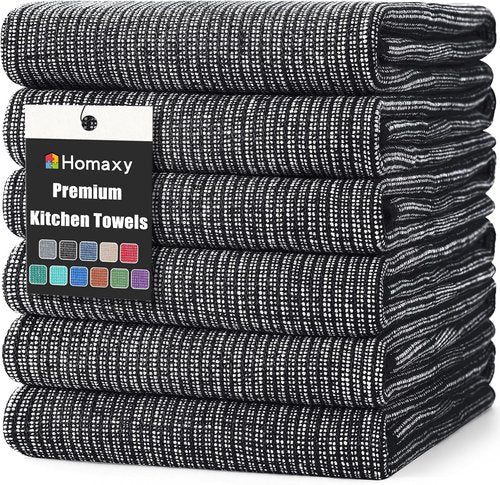 Homaxy Premium Kitchen Towels - Highly Absorbent Cotton Dish Towels (18”x28”, 6 Pack) | Black