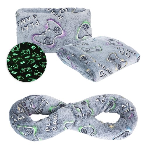 NAPRO Kids 3-in-1 Travel Blanket and Pillow Combo, Convertible Infinity Scarf, Lightweight Neck Support for Airplane, Car & Camping, Glow-in-The-Dark - Gamer