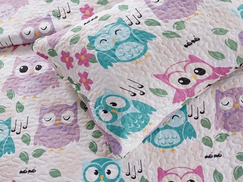 Kids Zone Collection Bedspread Set wls Pink Purple Aqua Blue Singing Owl Music Notes Hearts Flower Leaves for Girls/Teens Multi-Color New # Owl (Full/Queen)