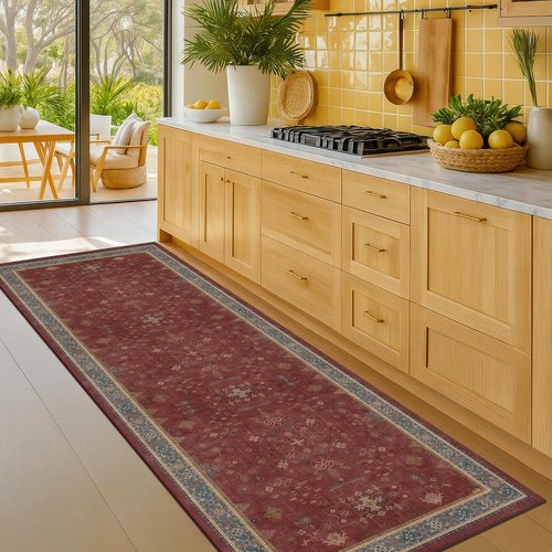Boho 2x7 Long Runner | Washable Non-Slip Indoor Floor Mat - Dark Red Floral Design for Kitchen & Entryway