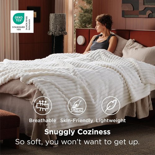 Bedsure GentleSoft Blankets - Cozy Queen Size Fleece Throw for Bed & Sofa, Off White, 90x90 Inches