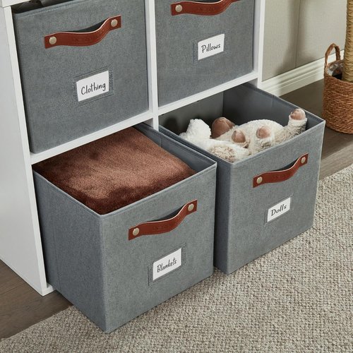 DECOMOMO Storage Bins - Cube Storage Bins with Labels, Fabric Design for Shelves | 11" | 6-Pack, Texture Grey