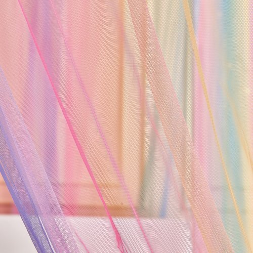 JQWUPUP Rainbow Bed Canopy for Girls Kids, 4 Corner Post Princess Twin Canopy Bed Curtains with DIY Star Stickers for Bedroom Decor