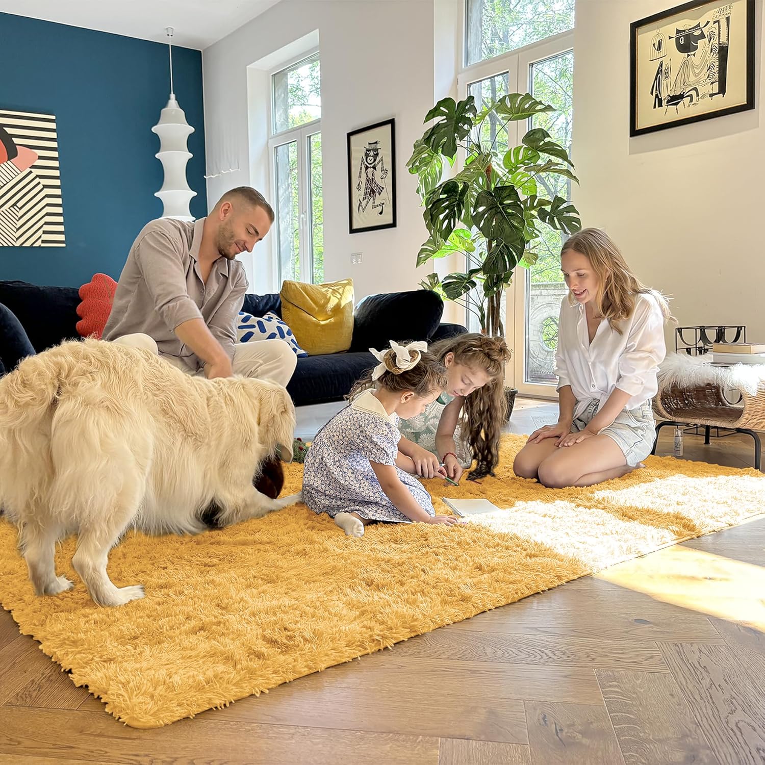 OLANLY Soft Fluffy Shaggy Bedside Rug - Machine Washable 2x3 Entryway Carpet in Mustard Yellow