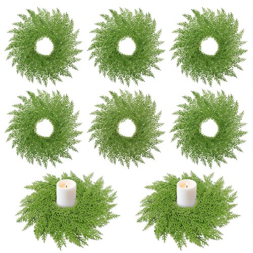 6PCS Christmas Cedar Candle Rings Wreaths 12 Inch Artificial Pine Garland Candle Ring Holder for Christmas Cabinet Table Chair Windows Wedding Doors Xmas Tree Centerpiece Decorations