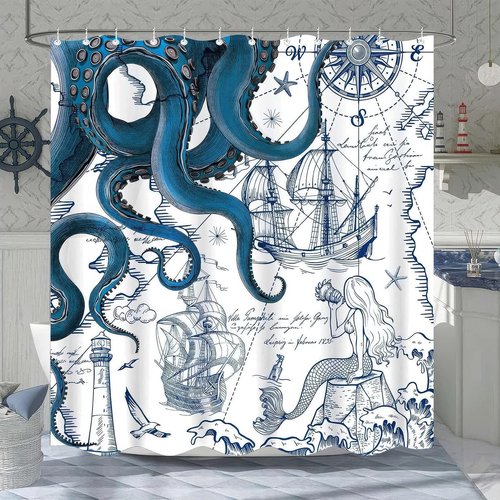 Hopomoon Blue Nautical Octopus Shower Curtain,Navy Blue Octopus and Mermaid Funny Ocean Kraken Waterproof and Moisture-Proof Bath Curtain Summer Decor with 12 Hooks 72 x 72 inch