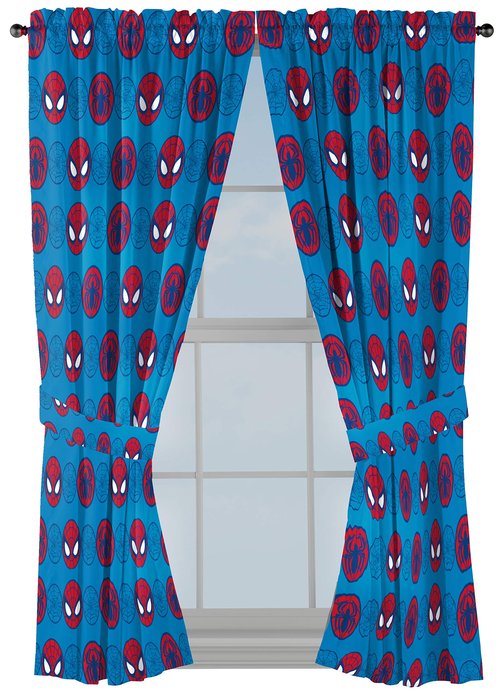 Jay Franco Kids Window Drapes - 4 Piece Curtain Set Includes 2 Tiebacks, Beautiful Bedding Room Décor and Easy Set Up, Blue - Super Hero Adventures, 63 Inch