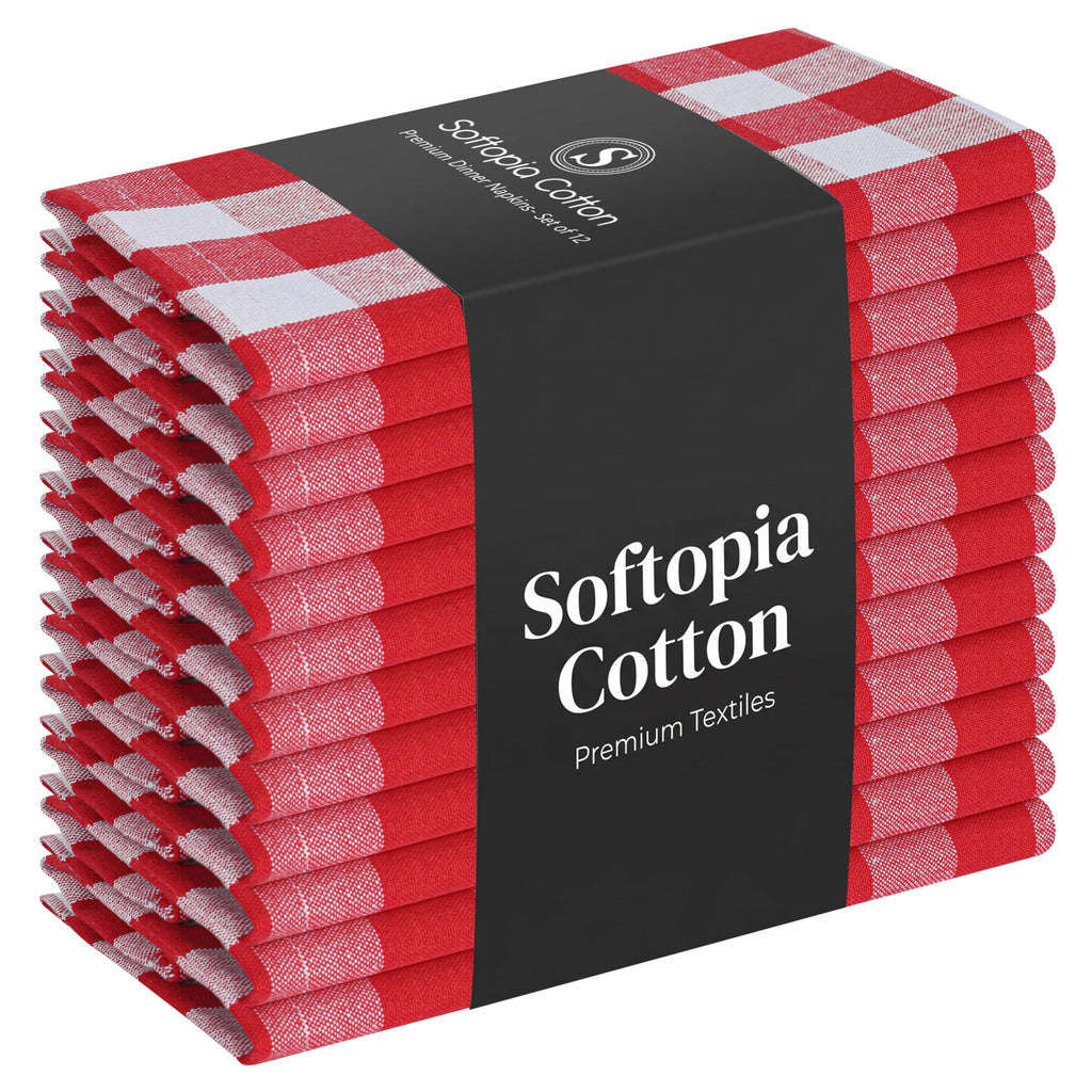Softopia Cotton Cloth Napkins 18”X18” 100% Cotton Decorative Washable Gingham Buffalo Check Plaid Table Napkin for Kitchen, Party, Wedding, Restaurant & Camping - Red White (Set of 12)