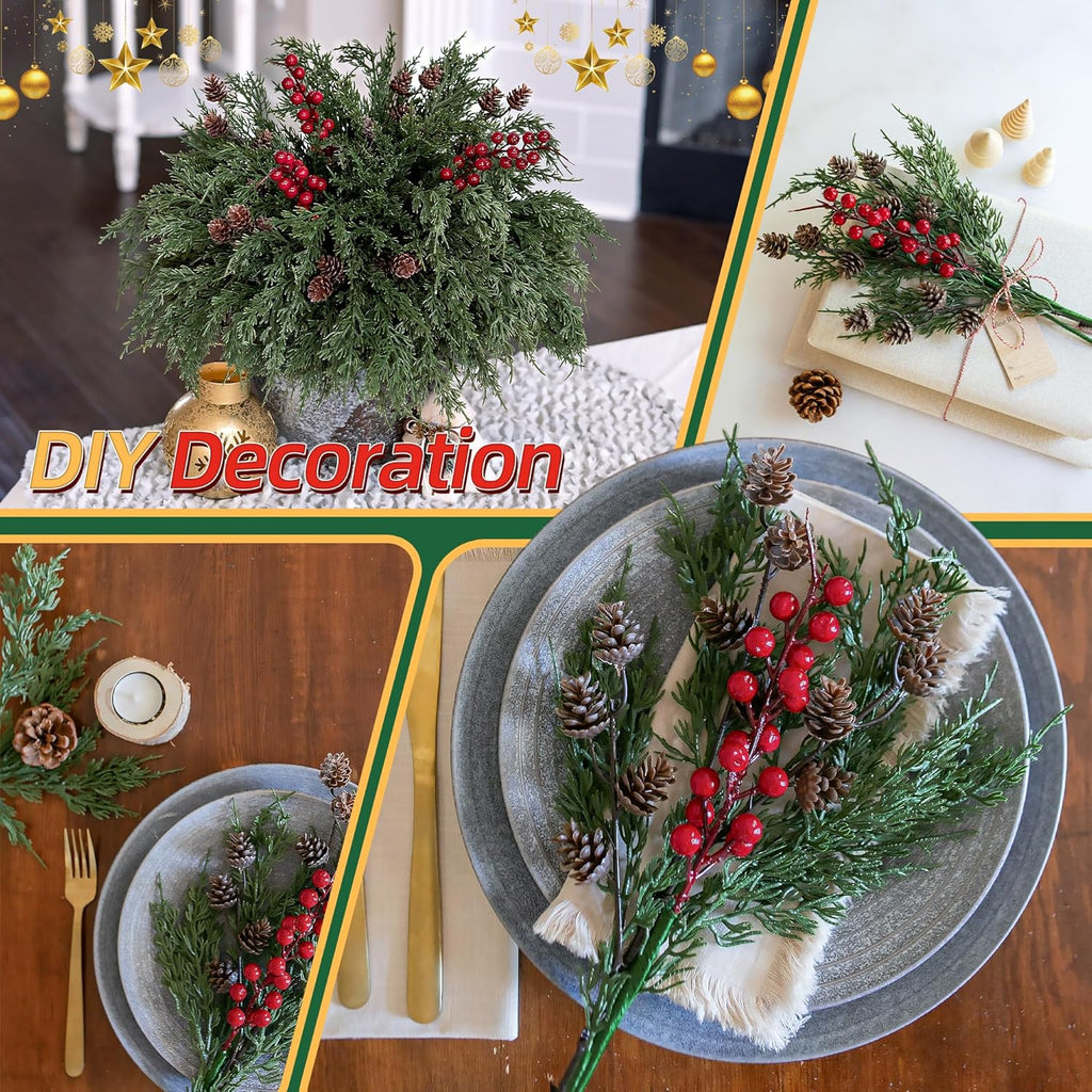 Norfolk Pine Faux Cedar Stems - 17 PCS Realistic Greenery with Pinecones & Red Berries for Christmas Decor