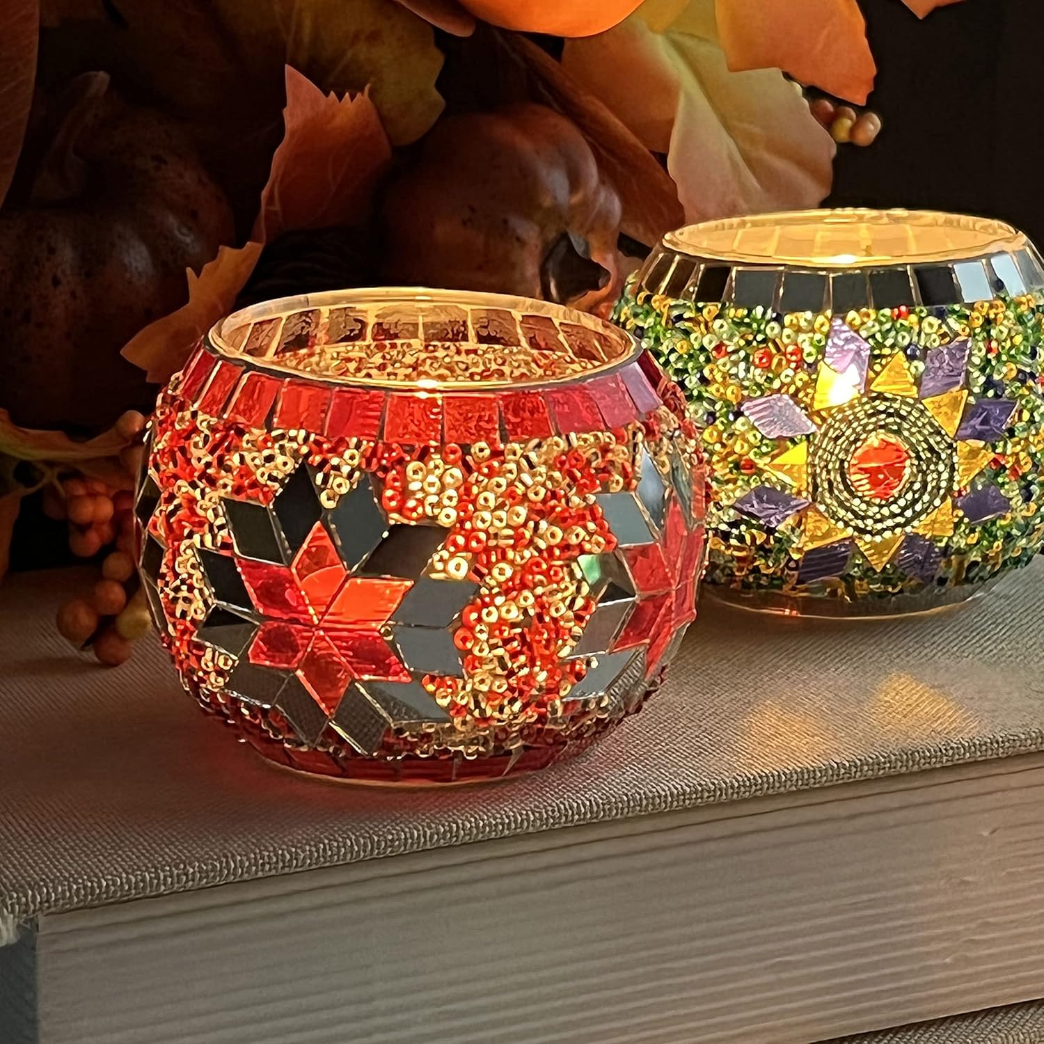 SHMILMH Glass Candle Holder Set - Handmade Mosaic Tealight Holders for Diwali & Christmas | Set of 4