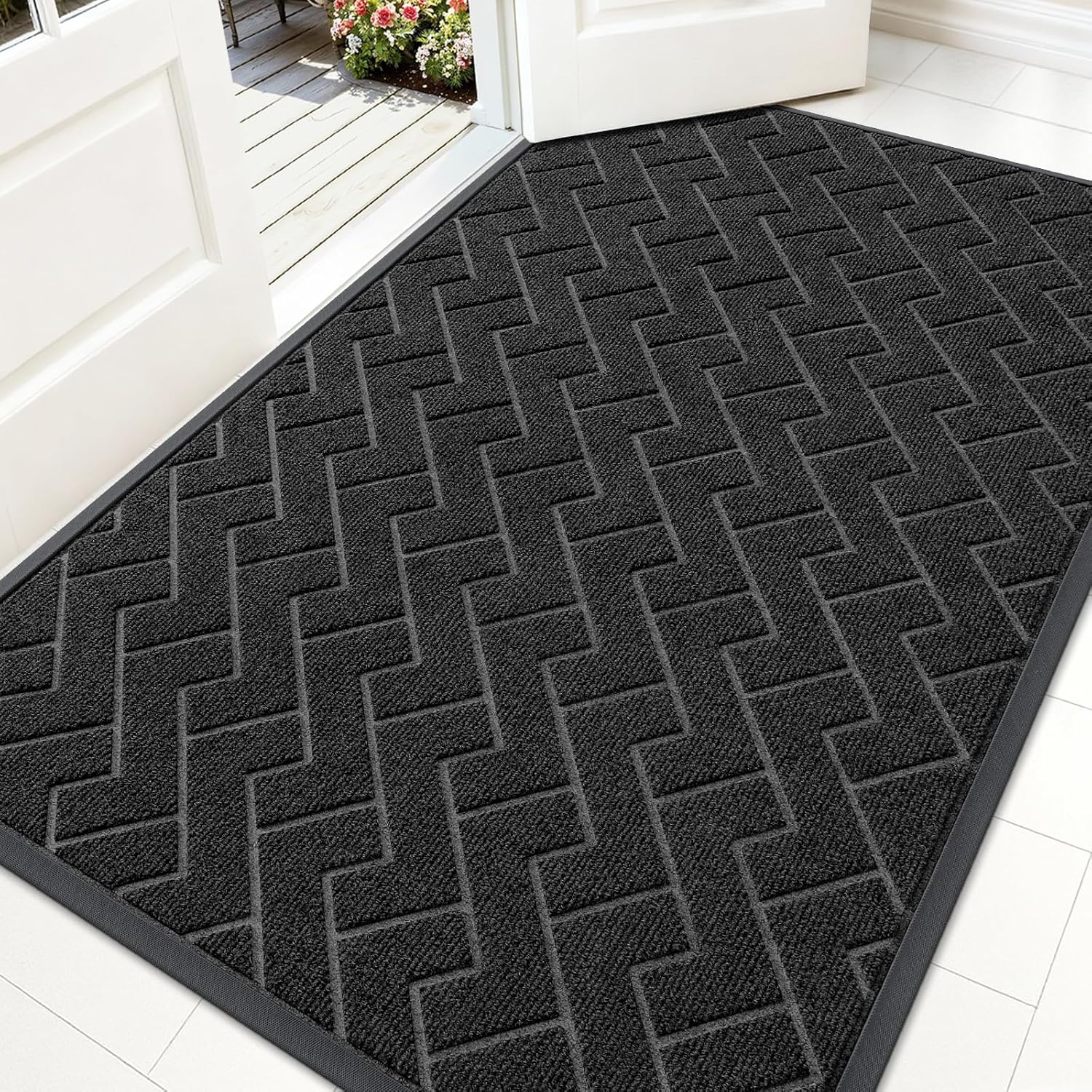 OLANLY Indoor Outdoor Front Door Mat - Waterproof All-Season Herringbone Doormat | Easy Clean, Black (59x35)