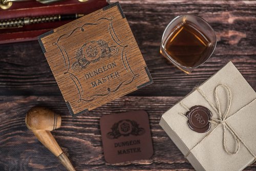 Dungeons Master gift, Whisky Glass with Gift wooden Box, full-grain leather coaster, dragons gifts for men and women unique. Dungeons whiskey glasses