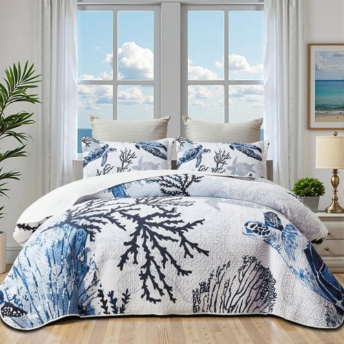 weesire Coastal Bedding California King Size Coastal Quilt with 2 Shams, Nautical Beach Comforter Sets Ocean Bedspreads Blue Seaturtle Coverlet Summer Bedding, 106''x118''