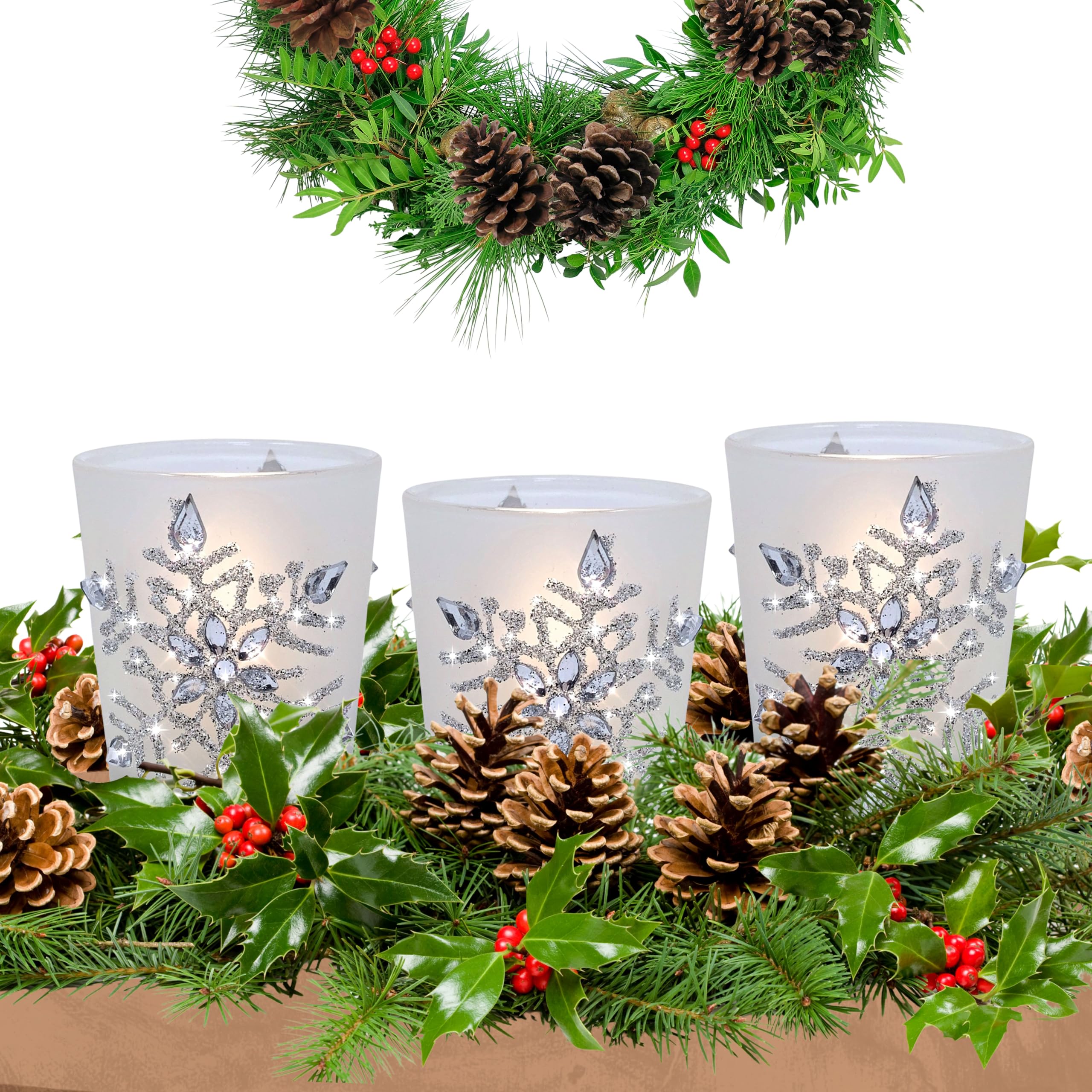Snowflake Candle Holder - Lighted Frosted Glass Holders - Set of 3 with LED Candles - Glittery Snow Flake Holders with Jewels - Christmas Decor - 2.75" H x 2" D