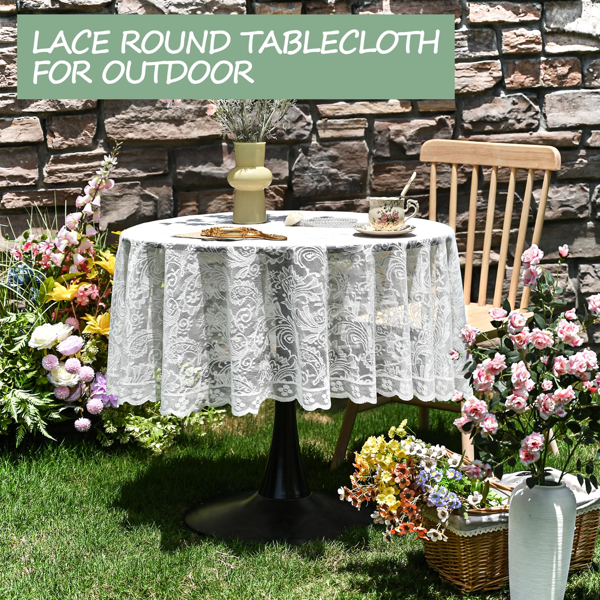 Jayla White Lace Round Tablecloth 60 Inches Phoenix Tail Flower Embroidered Wedding Table Cloths for Summer Outdoor Party Reception, Dinner Party, Baby Shower, Decorations, Home Decor