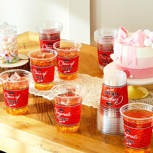 JOYIN 100 Pcs 16oz Graduation Party Plastic Cups (Red), Grad Disposable Cups for Class of 2026 Graduates, PET Cup Tableware Bulk for 2026 High School College Graduation Grad School Party Supply Decor