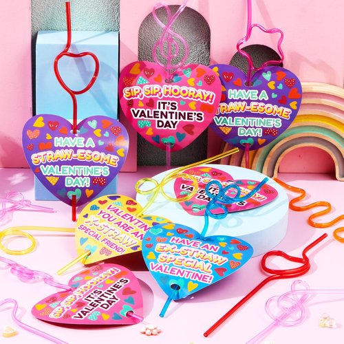 JOYIN 28 Pack Valentines Day Gift Cards with Gift Colorful Crazy Loop Reusable Drinking Straws for Classroom Exchange Prizes, Valentine Party Favors Toy