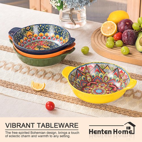 Henten Home Porcelain Pasta Bowls with Handle - 30 oz Ceramic Soup Bowls Set of 6, Colorful Serving Dishes for Salad, Cereal, Dinner, Bohemian Style, Microwave & Dishwasher Safe