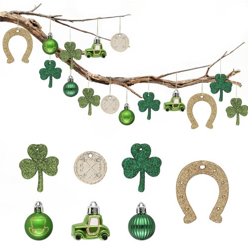 DecorbyHannah St Patricks Day Decorations Shamrock Irish Tree Ornaments Set, 18ct Green Gold St. Patrick's Day Shatterproof Good Luck Clover Hanging Horseshoe Truck Ornament for Christmas Party Spring