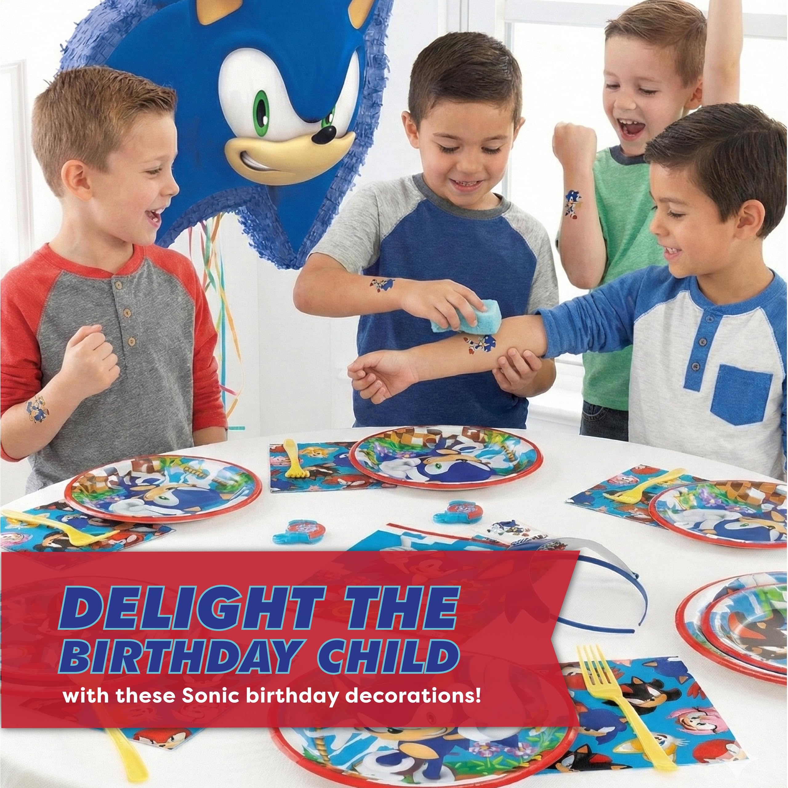 Sonic Birthday Party Decorations | Serves 16 Guests | Masks, Tattoos, Banner, Tablecloth, Plates, Napkins, Sticker | Officially Licensed