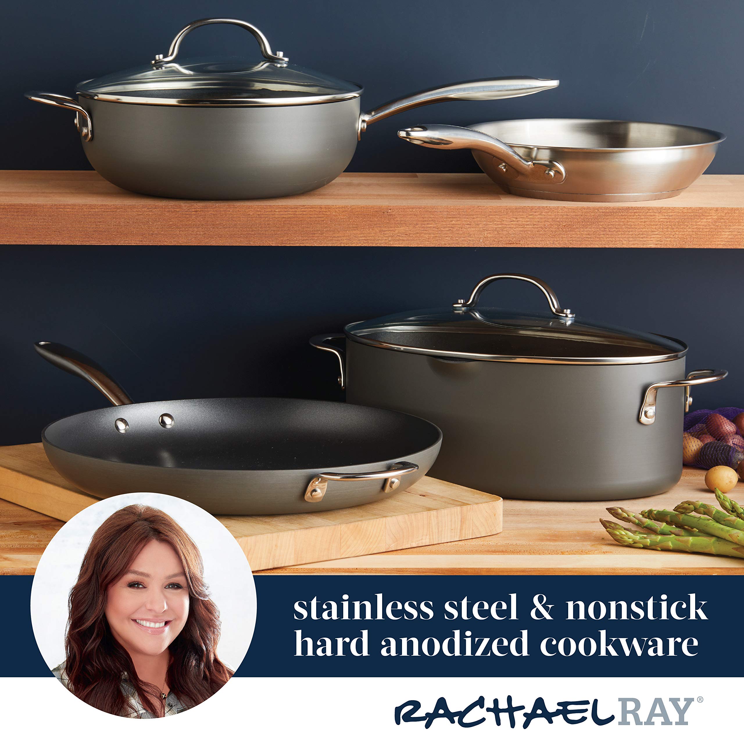 Rachael Ray 80090 Professional Hard Anodized Nonstick Cookware Oval Pasta Pot/Braiser, 8 Quart - Gray