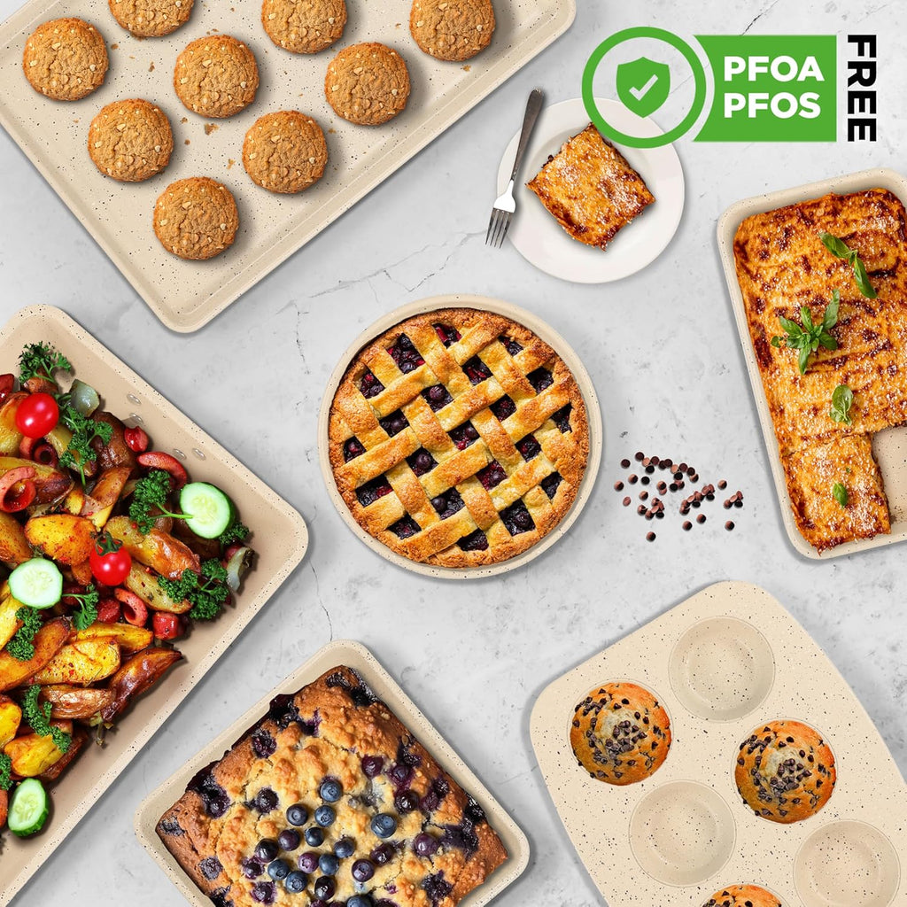 NutriChef 8-Piece Bakeware Set - Non-Stick Carbon Steel Pans | Includes Sheet, Muffin, Round, Loaf, Square & Deep Pans | Marble Cream Finish, Oven Safe to 450°F