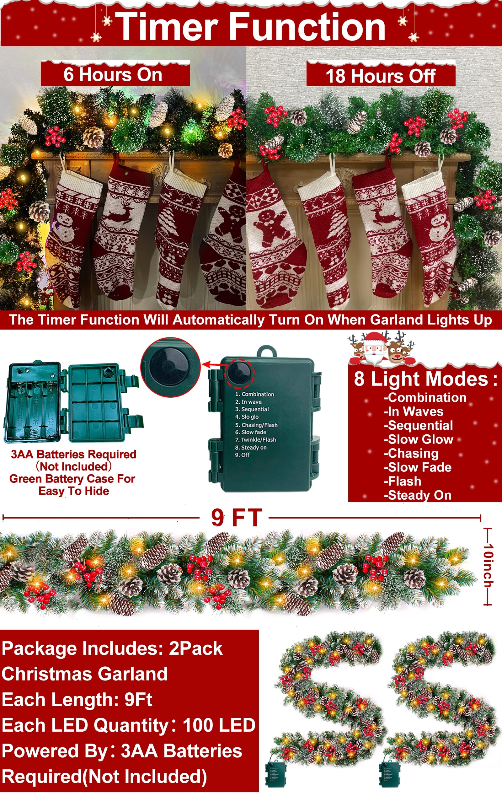 2 Pack Prelit Christmas Garland Each 9 Ft 100 Lights Timer 8 Mode, Cedar Garland Thick 300 Tips Snowy Bristle Pine 198 Berry 18 Pinecones Battery Operated Mantle Xmas Decoration Total 18 Ft 200 LED
