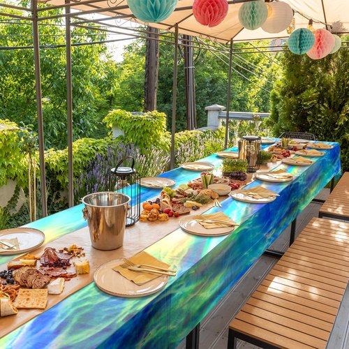 Hallswl Iridescent Ocean Wave Tablecloth Roll 100ft x 54in Blue Plastic Disposable