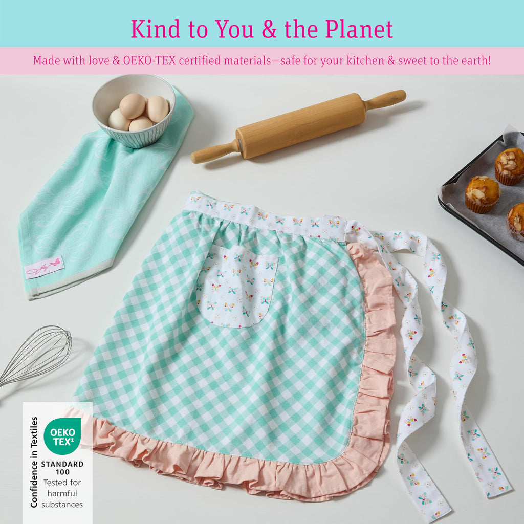 Dolly Parton Apron & Kitchen Towel Set, Kitchenware 100% Cotton Cute Chef Apron and a Jacquard Woven Kitchen Towel, Made with a Beautiful Pattern for Your Décor - Teal Plaid and Butterfly
