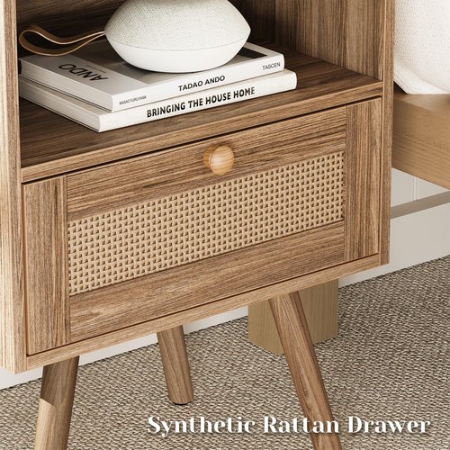 SUPERJARE Nightstands Set of 2, Night Stands with Charging Station & PE Rattan Decor Drawer, Bed Side Tables with Solid Wood Feet, End Table, for Bedroom, Living Room, Walnut