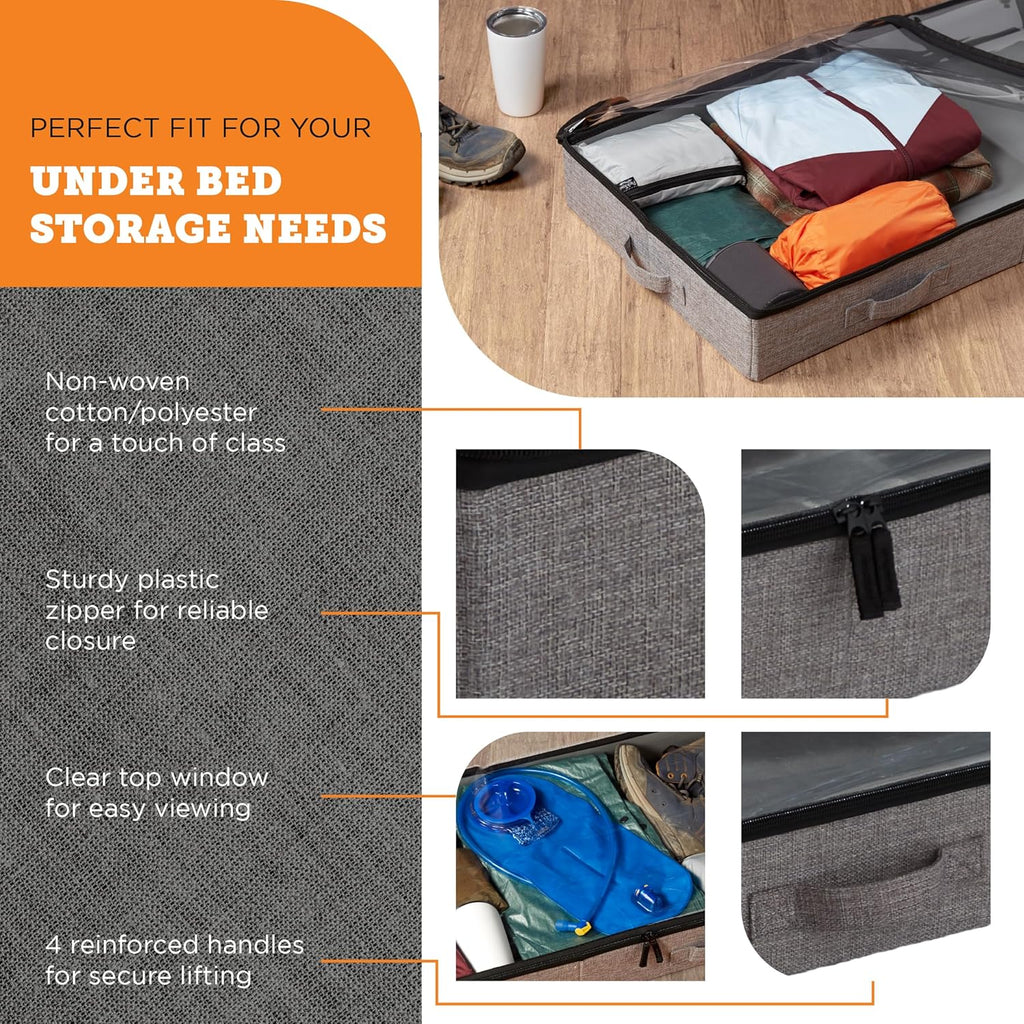 storageLAB Under Bed Storage Containers - Low Profile Organizers with Sturdy Handles & Clear Windows | 2 Pack, Gray