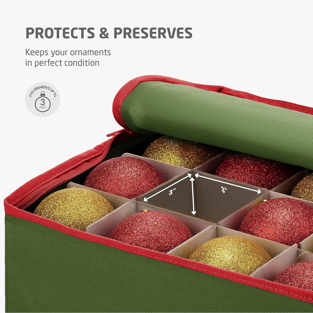 ZOBER Large Christmas Ornament Storage Box - Organizes 128 3" Ornaments with Dividers - Durable Green Container with Extra Pockets & Dual Zipper