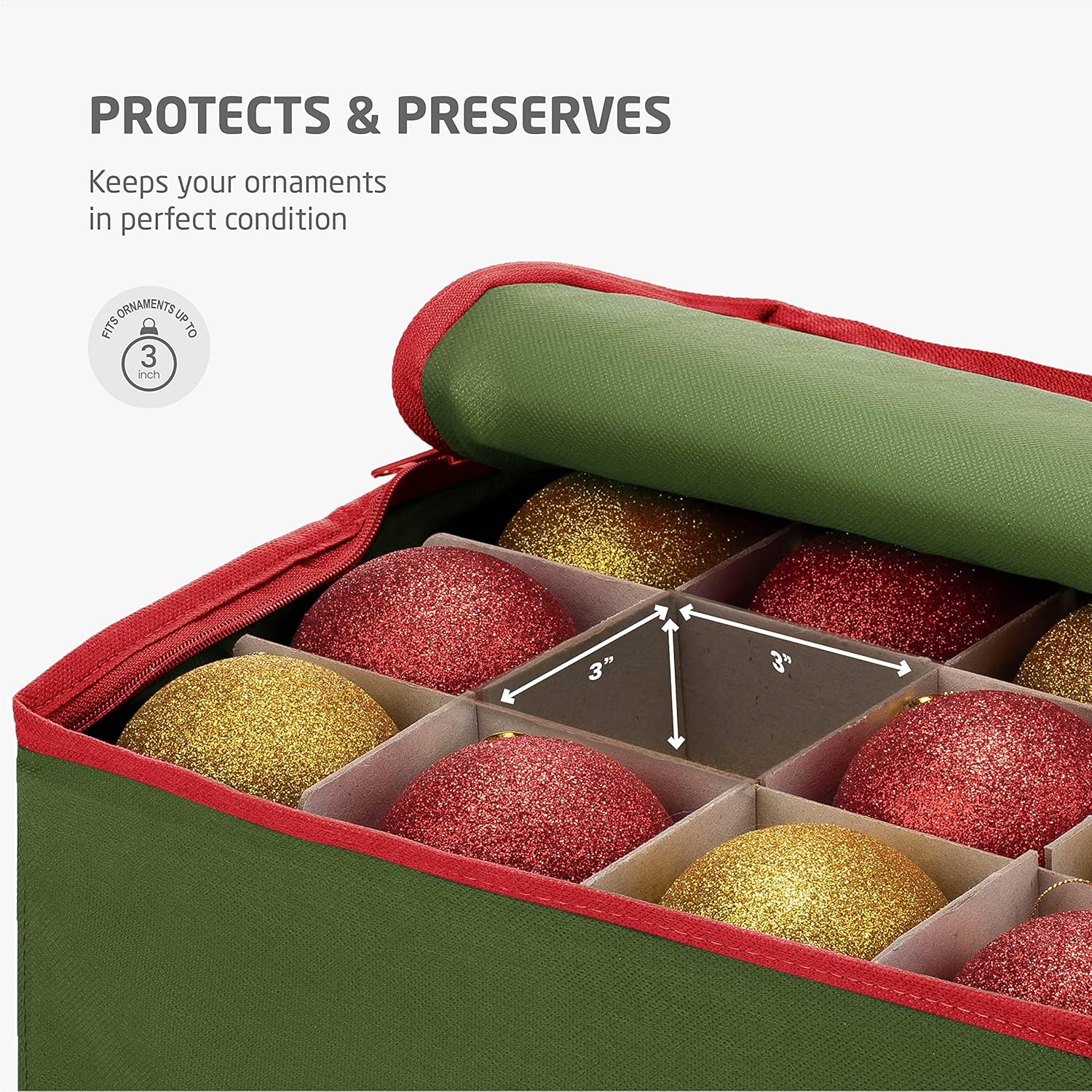 ZOBER Large Christmas Ornament Storage Box - Organizes 128 3" Ornaments with Dividers - Durable Green Container with Extra Pockets & Dual Zipper