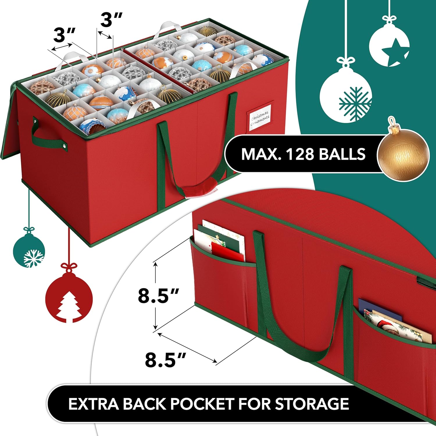 Simple Houseware Heavy-Duty Christmas Ornament Storage Box - Adjustable Dividers, Holds 128 Ornaments, Red
