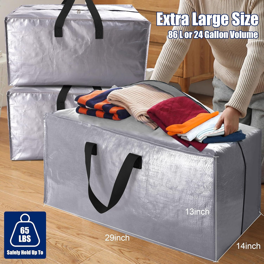 Cosy Family Heavy Duty Moving Bags - 12 Pack with Backpack Straps & Strong Zippers | X-Large Silver Storage Totes