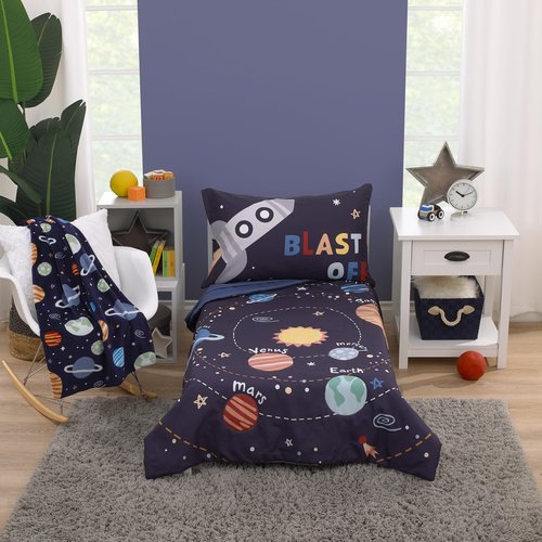 NoJo Everything Kids Solar System Navy, Orange, and Yellow Blast Off 4 Piece Toddler Bed Set - Comforter, Fitted Bottom Sheet, Flat Top Sheet, and Reversible Pillowcase
