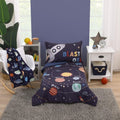 NoJo Everything Kids Solar System Navy, Orange, and Yellow Blast Off 4 Piece Toddler Bed Set - Comforter, Fitted Bottom Sheet, Flat Top Sheet, and Reversible Pillowcase