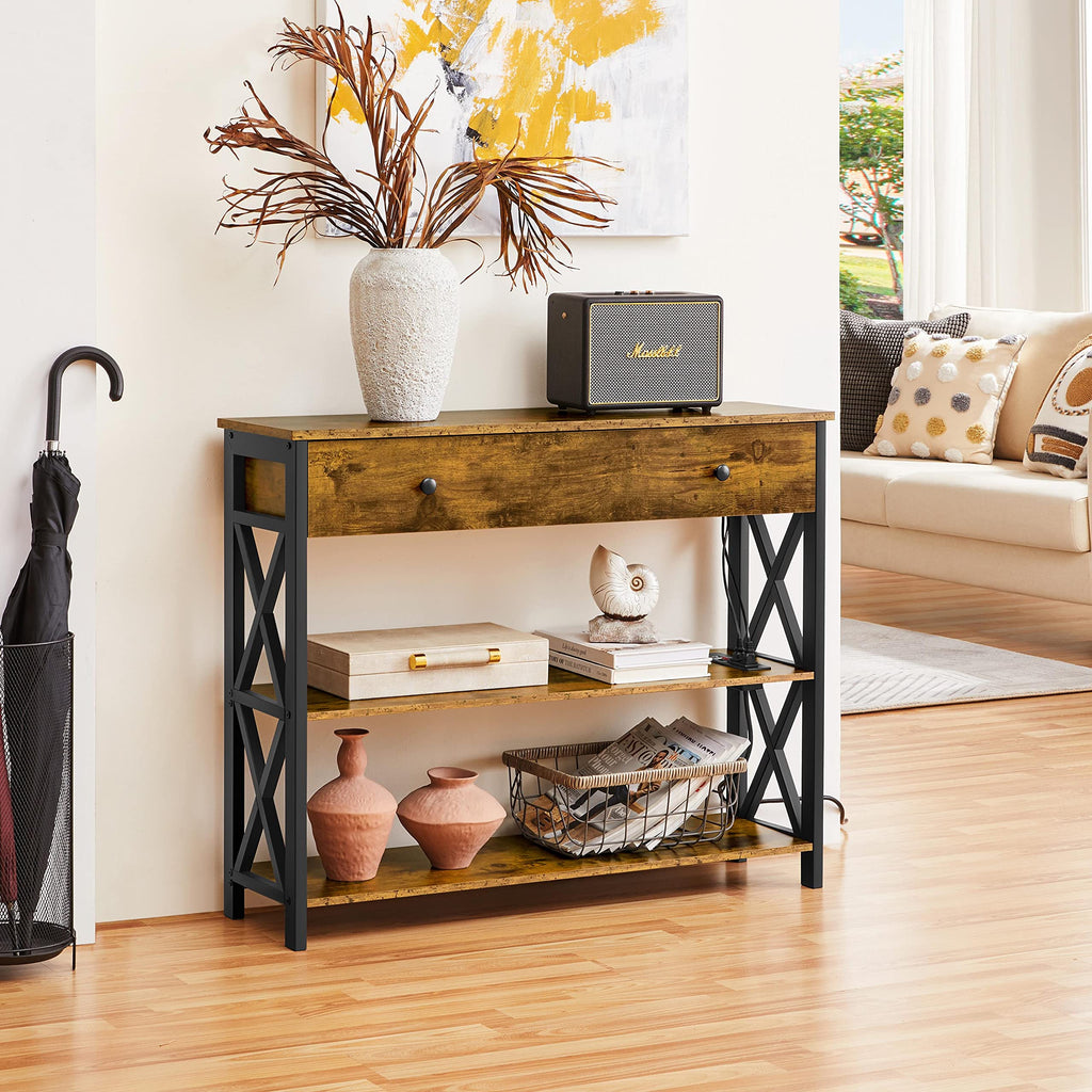 Yaheetech Console Table with 2 Outlets and 2 USB Ports, Industrial Entryway Table with Drawer and Storage Shelves, Narrow Sofa Tables with Metal Frame for Living Room, Hallway, Rustic Brown