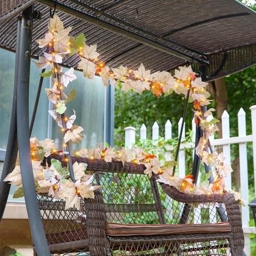 Thanksgiving Garland with Lights 9FT Plug in Thanksgiving Decorations for Home with 50 Warm Incandescent Bulbs UL Certified Connectable Lighted Fall Garland for Indoor Outdoor Harvest Decorations