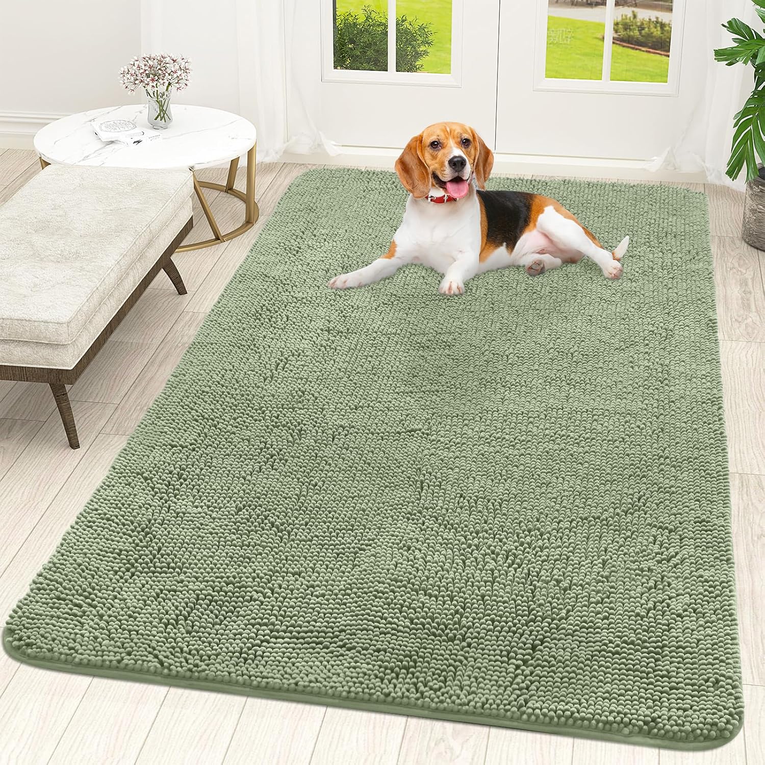 OLANLY Dog Door Mat - Absorbent Non-Slip Chenille Mat for Muddy Paws | 70x46, Sage Green