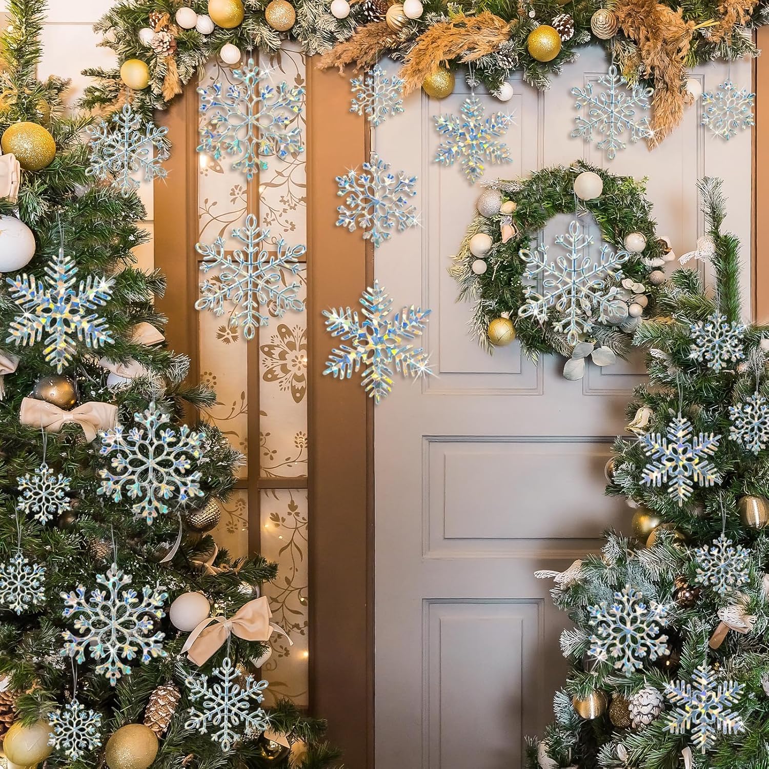 Skiennix 36-Pack Christmas Ornaments - Iridescent Plastic Snowflakes for Holiday Decor